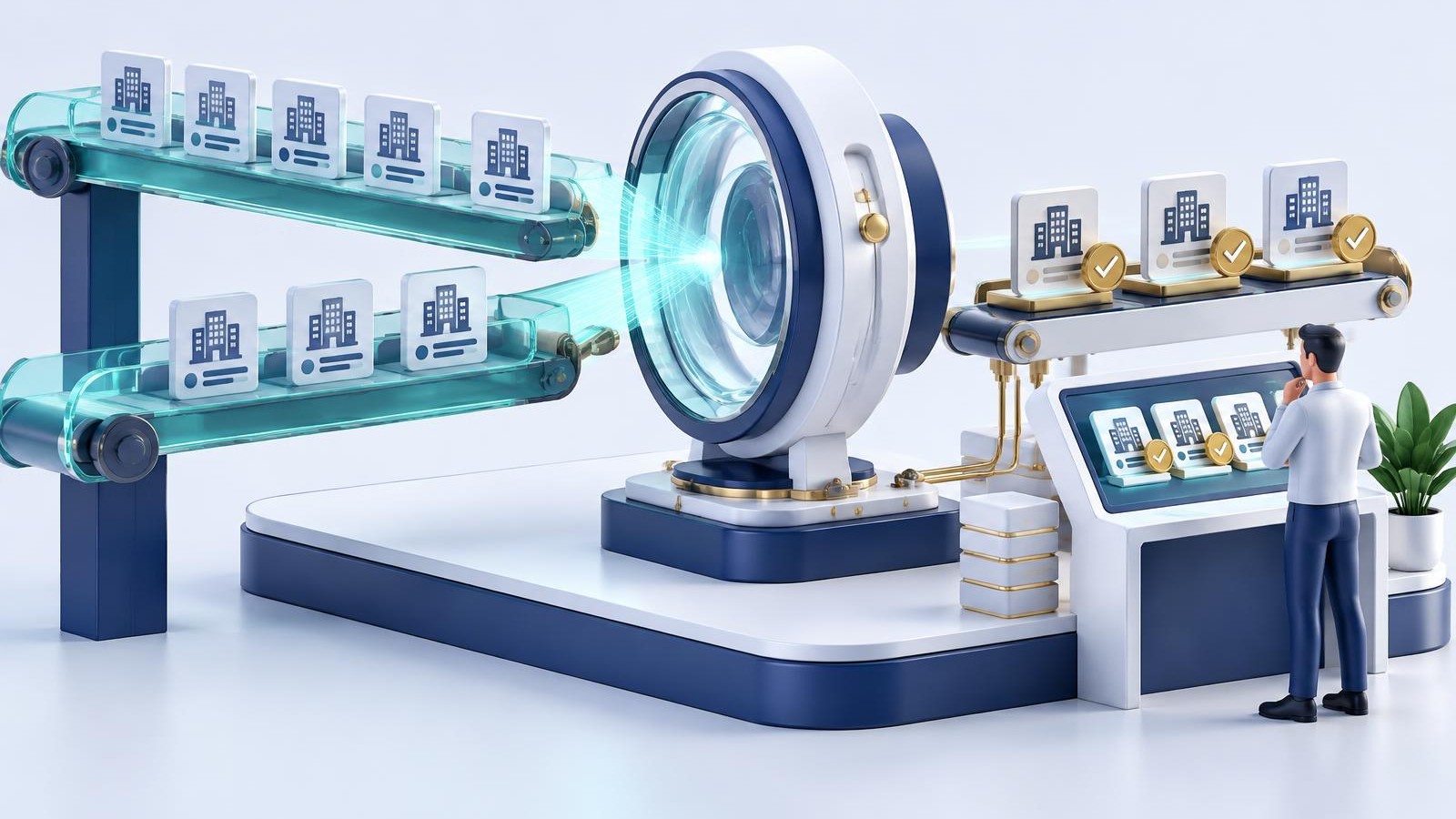 B2B company record pipelines passing through a verification lens while an analyst reviews enriched outputs in navy, teal and gold