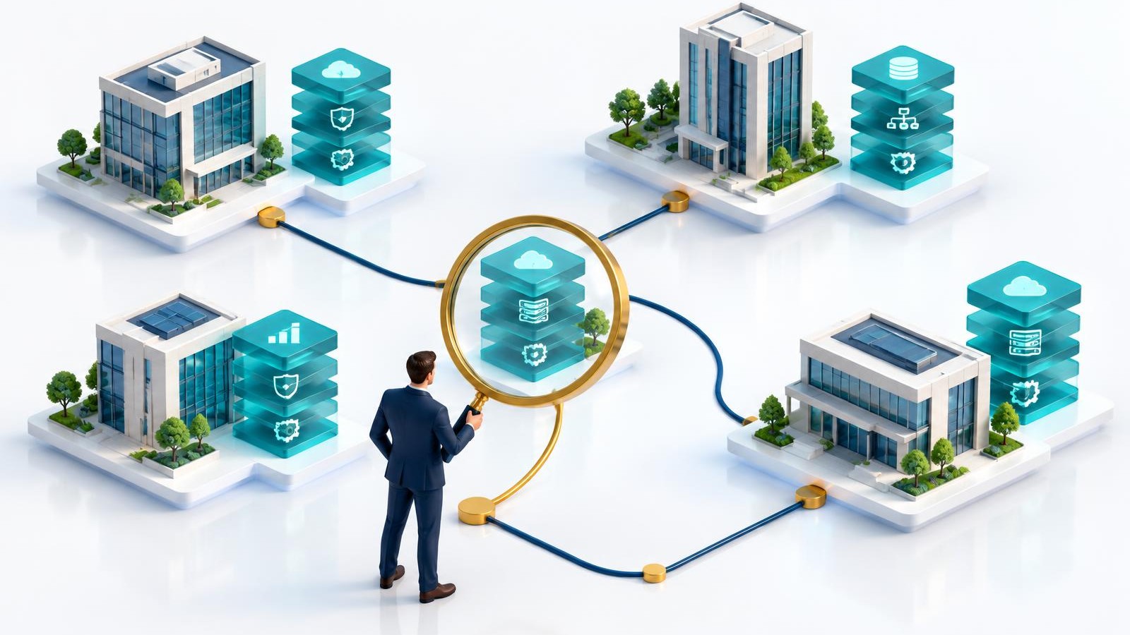 Researcher using a magnifying lens to connect software stack evidence with the correct company buildings in a technographic research illustration