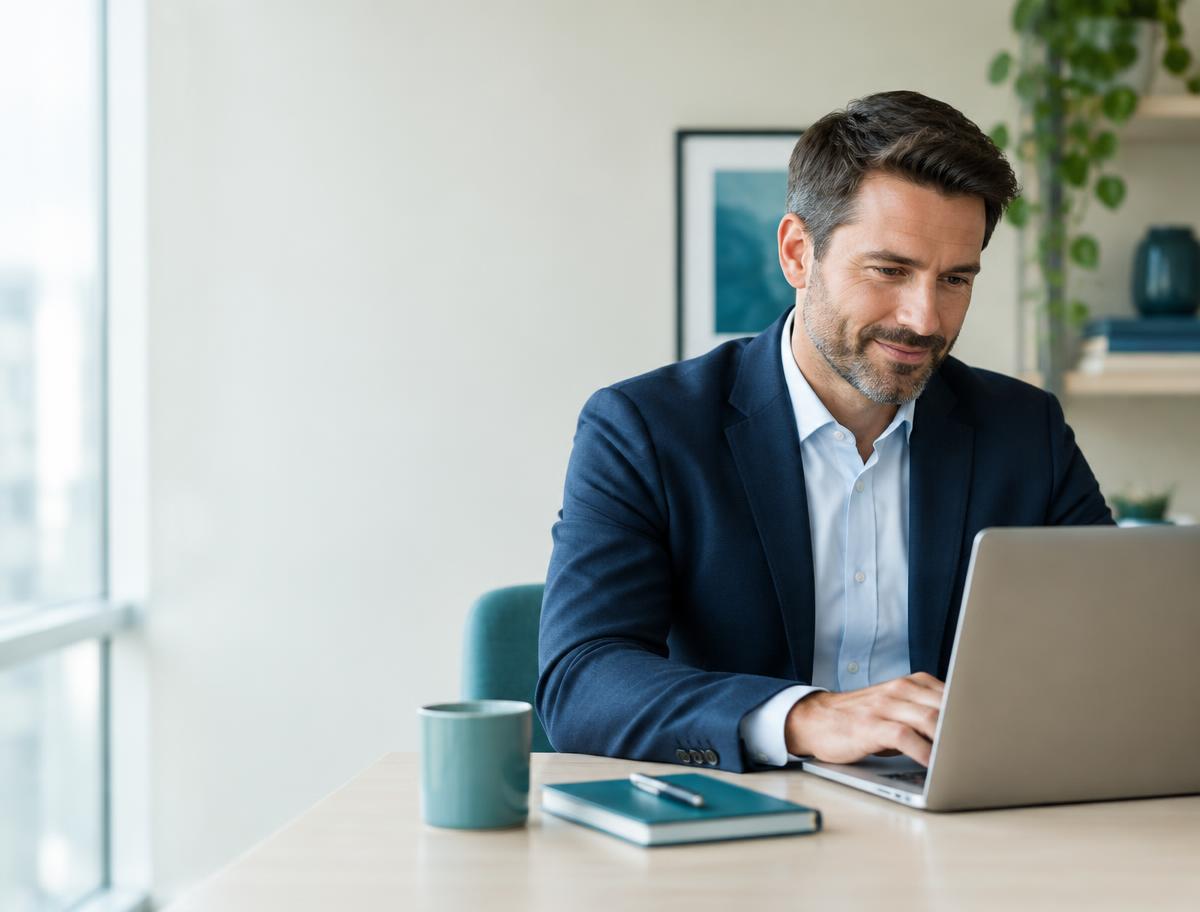 Business professional working with company and contact research on a laptop