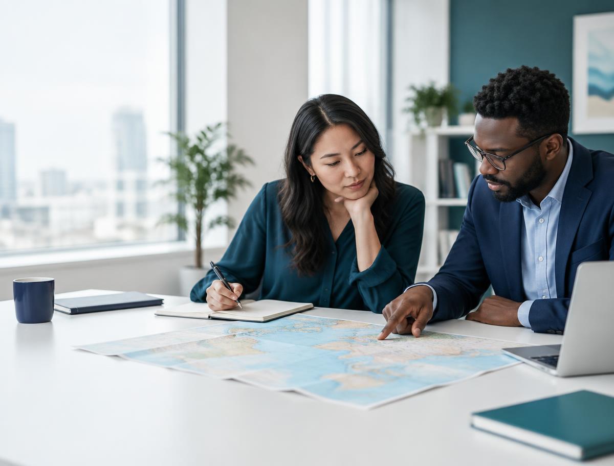 Research colleagues discussing market coverage using a map and notes