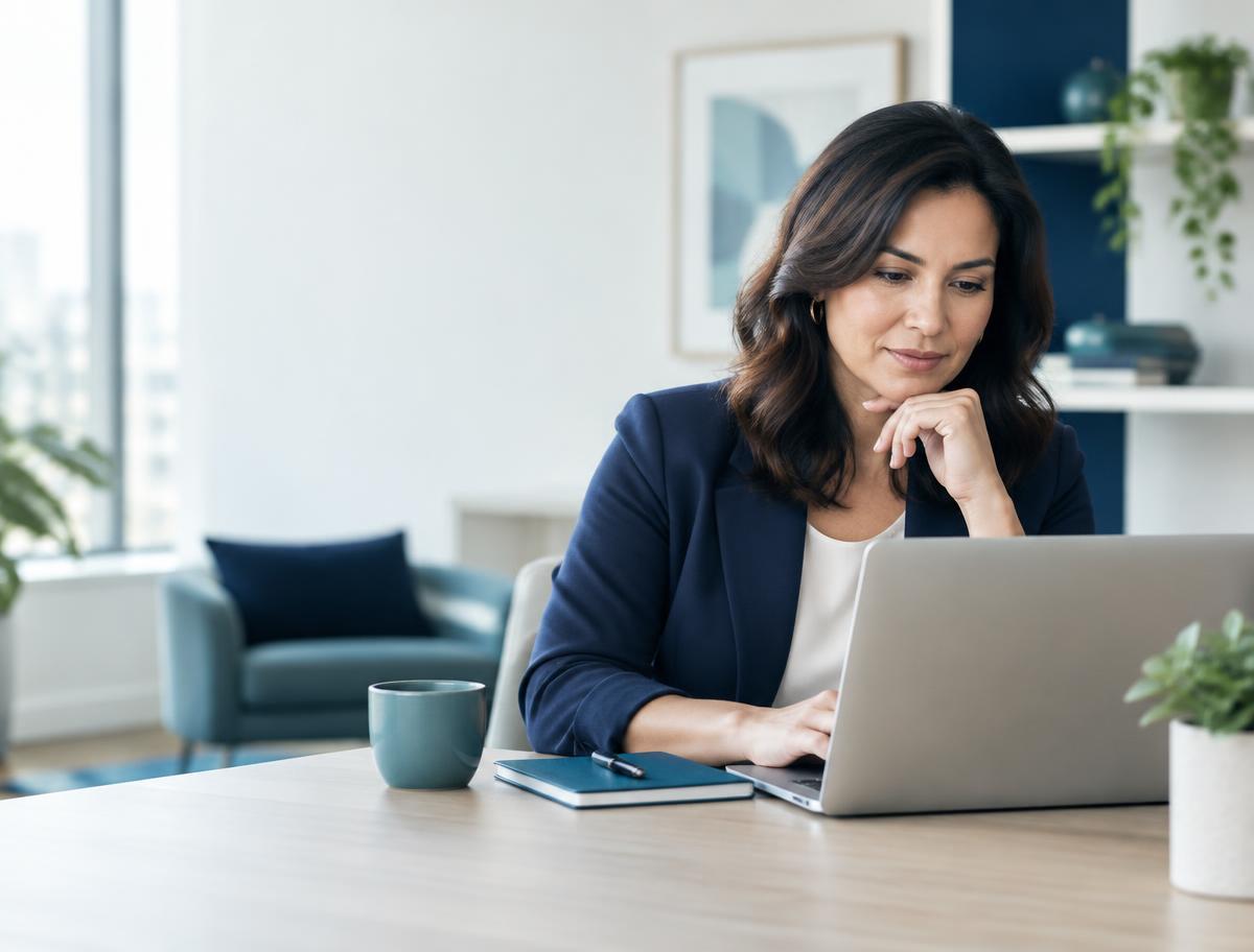 Business professional reviewing a research brief at her laptop